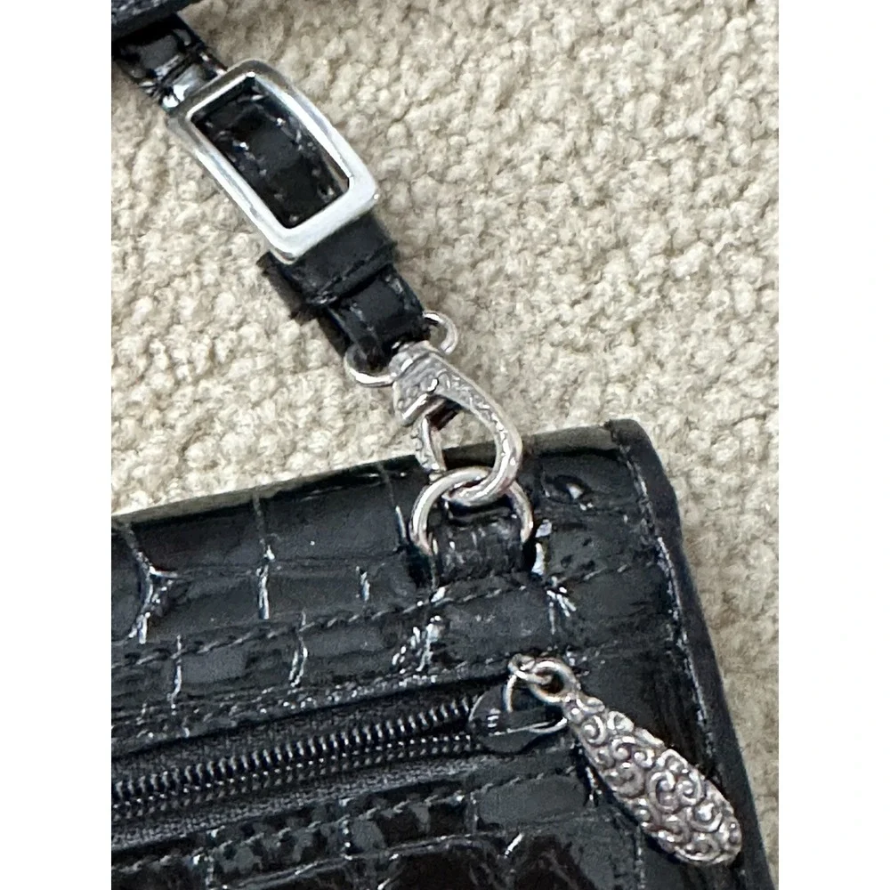 Brighton Patent Leather WALLET Crossbody Convertible‎ Clutch BLACK Croc Tri Fold